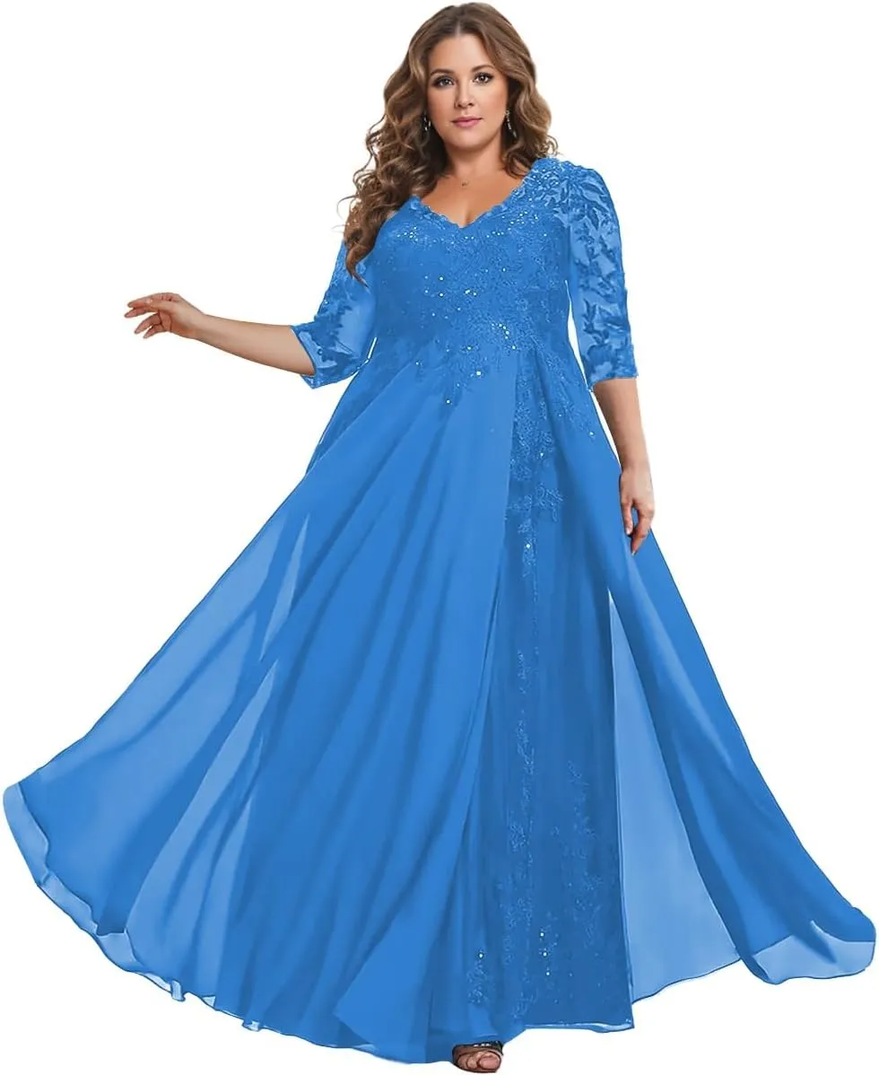 3/4 Sleeves Mother of The Bride Dresses for Wedding - Sequin Lace V Neck Chiffon Long Formal Evening Gowns