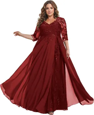 3/4 Sleeves Mother of The Bride Dresses for Wedding - Sequin Lace V Neck Chiffon Long Formal Evening Gowns