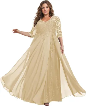 3/4 Sleeves Mother of The Bride Dresses for Wedding - Sequin Lace V Neck Chiffon Long Formal Evening Gowns