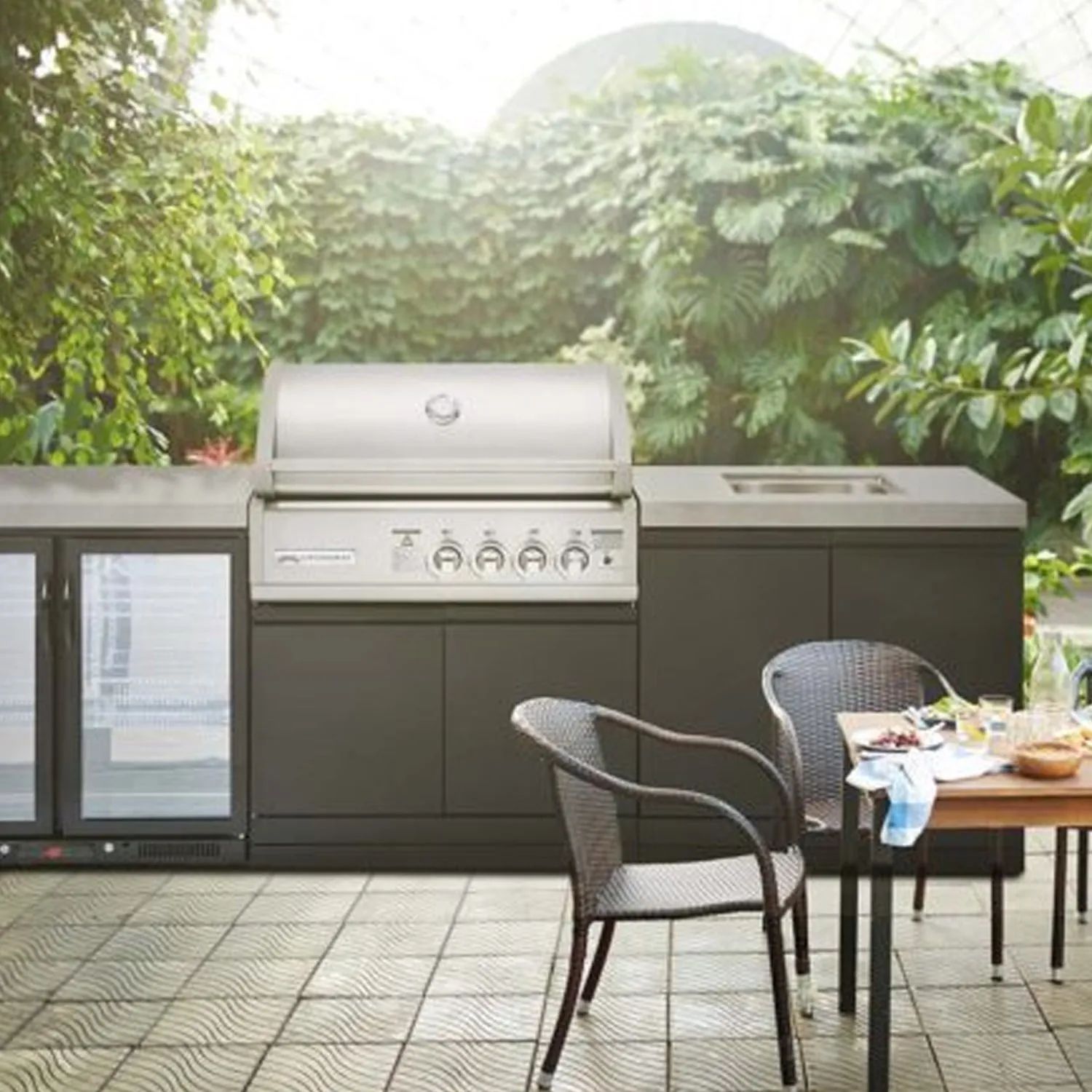 4B-S Series Outdoor Kitchen Double Side Cabinet, Double Fridge with Under-bench Sink