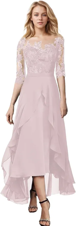 A Line Elegant Evening Dress Wedding Guest Dress High Low Off Shoulder Half Sleeve Ankle Length Appliques 2025
