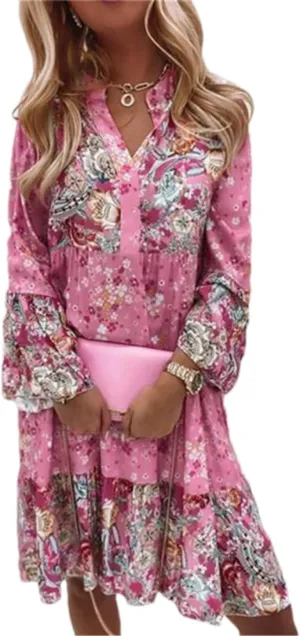 Adhdyuud Women Ruffle Loose Party Dress Casual V Neck Retro Floral Print Flare Sleeve Mini Dresses