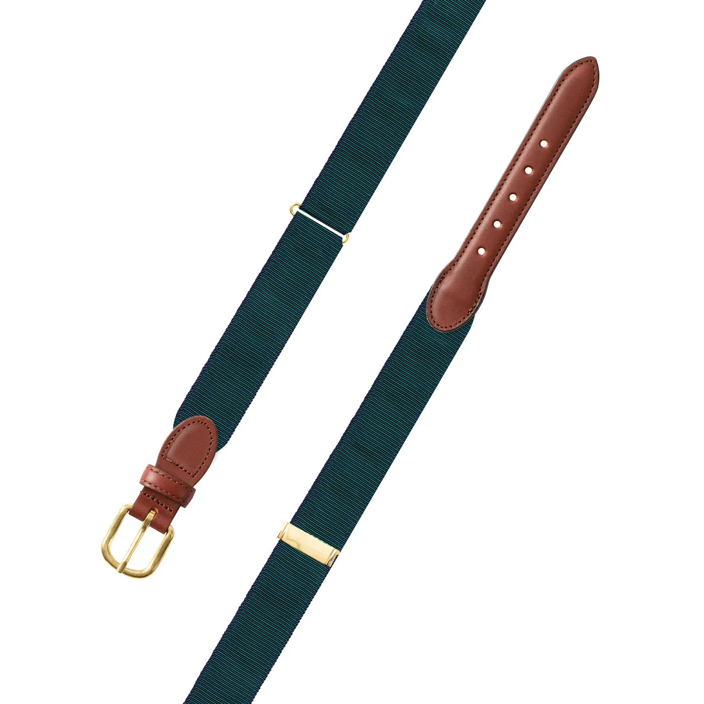 Adjustable Green & Navy Grosgrain Belt with Brown Leather Tabs