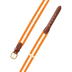 Adjustable Orange & White Grosgrain Belt with Brown Leather Tabs
