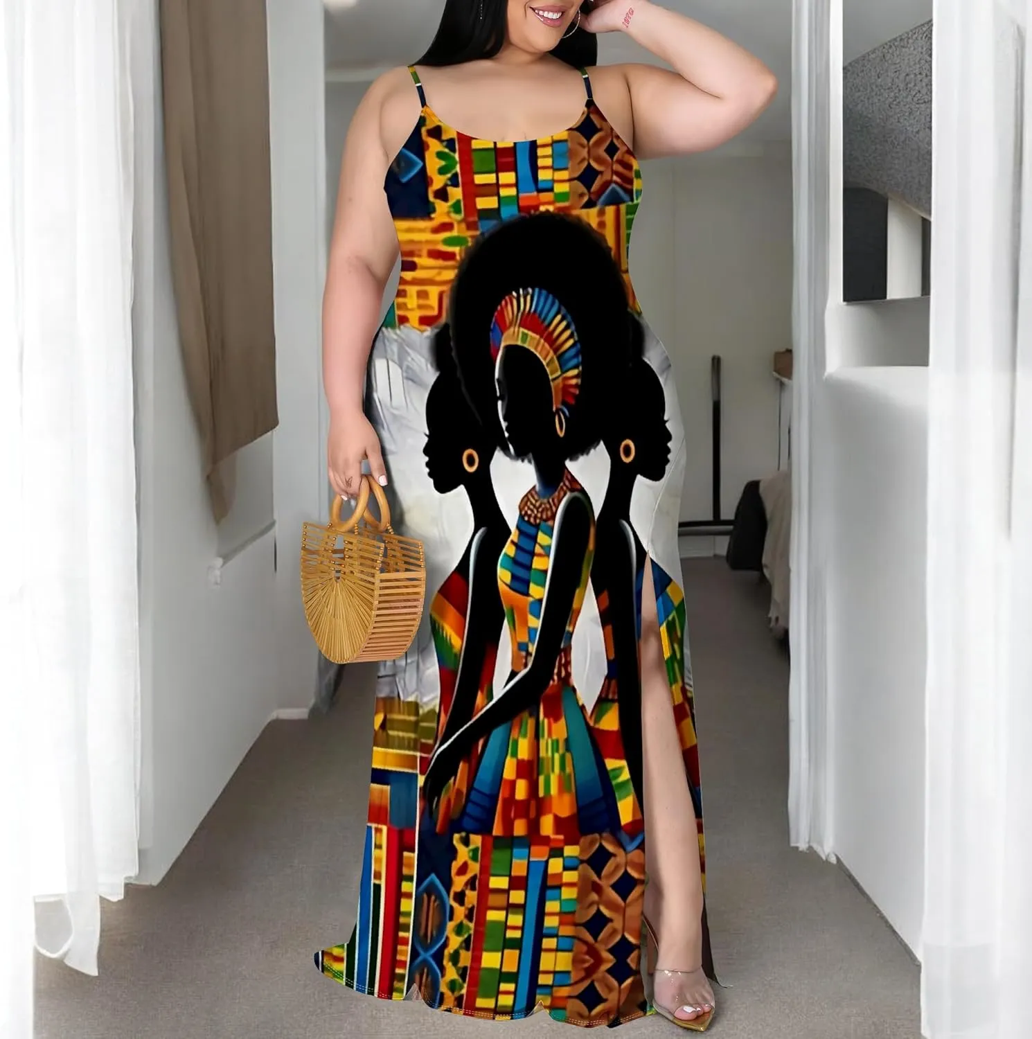 African Print Plus Size Womens Maxi Dress Summer Casual Sleeveless Beach Sundress Sexy Spaghetti Strap Side Split Long Dress