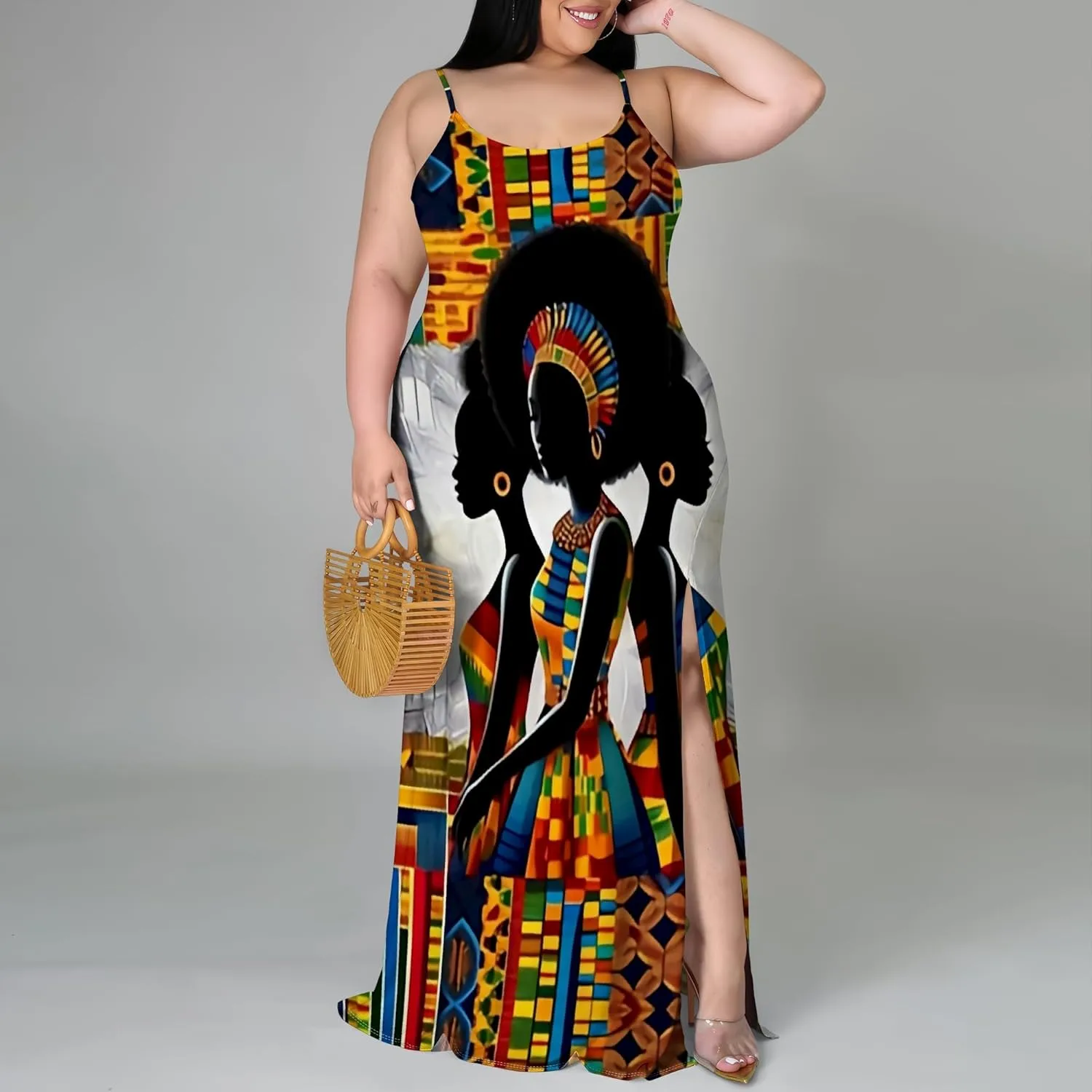 African Print Plus Size Womens Maxi Dress Summer Casual Sleeveless Beach Sundress Sexy Spaghetti Strap Side Split Long Dress