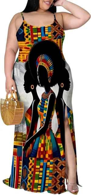 African Print Plus Size Womens Maxi Dress Summer Casual Sleeveless Beach Sundress Sexy Spaghetti Strap Side Split Long Dress