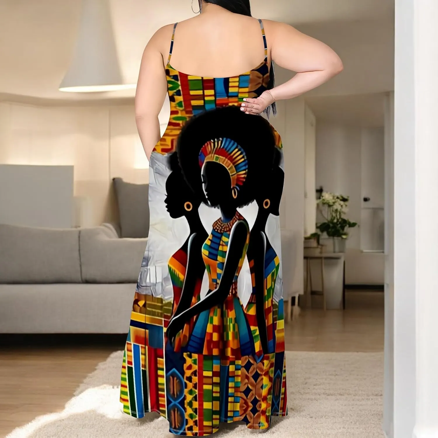 African Print Plus Size Womens Maxi Dress Summer Casual Sleeveless Beach Sundress Sexy Spaghetti Strap Side Split Long Dress