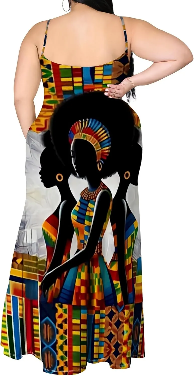 African Print Plus Size Womens Maxi Dress Summer Casual Sleeveless Beach Sundress Sexy Spaghetti Strap Side Split Long Dress