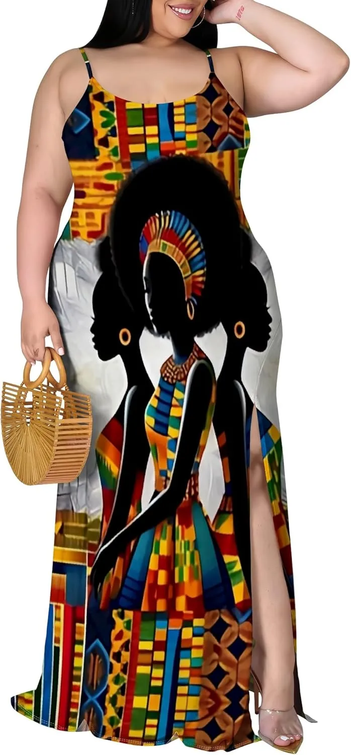 African Print Plus Size Womens Maxi Dress Summer Casual Sleeveless Beach Sundress Sexy Spaghetti Strap Side Split Long Dress