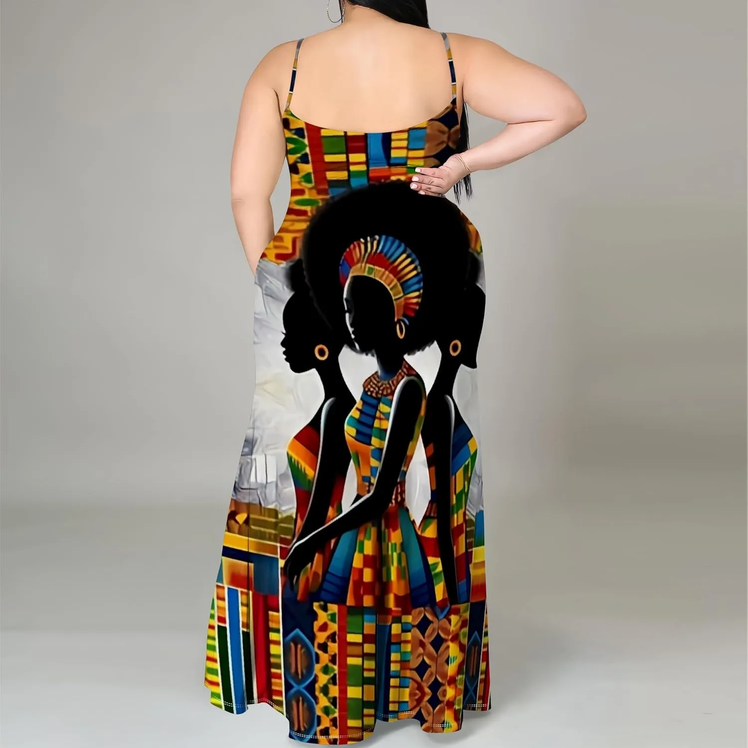 African Print Plus Size Womens Maxi Dress Summer Casual Sleeveless Beach Sundress Sexy Spaghetti Strap Side Split Long Dress