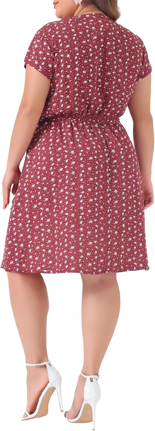 Agnes Orinda Dresses for Women Plus Size 2024 V Neck Short Sleeve Tie Waist Sundress Summer Casual Midi Dress