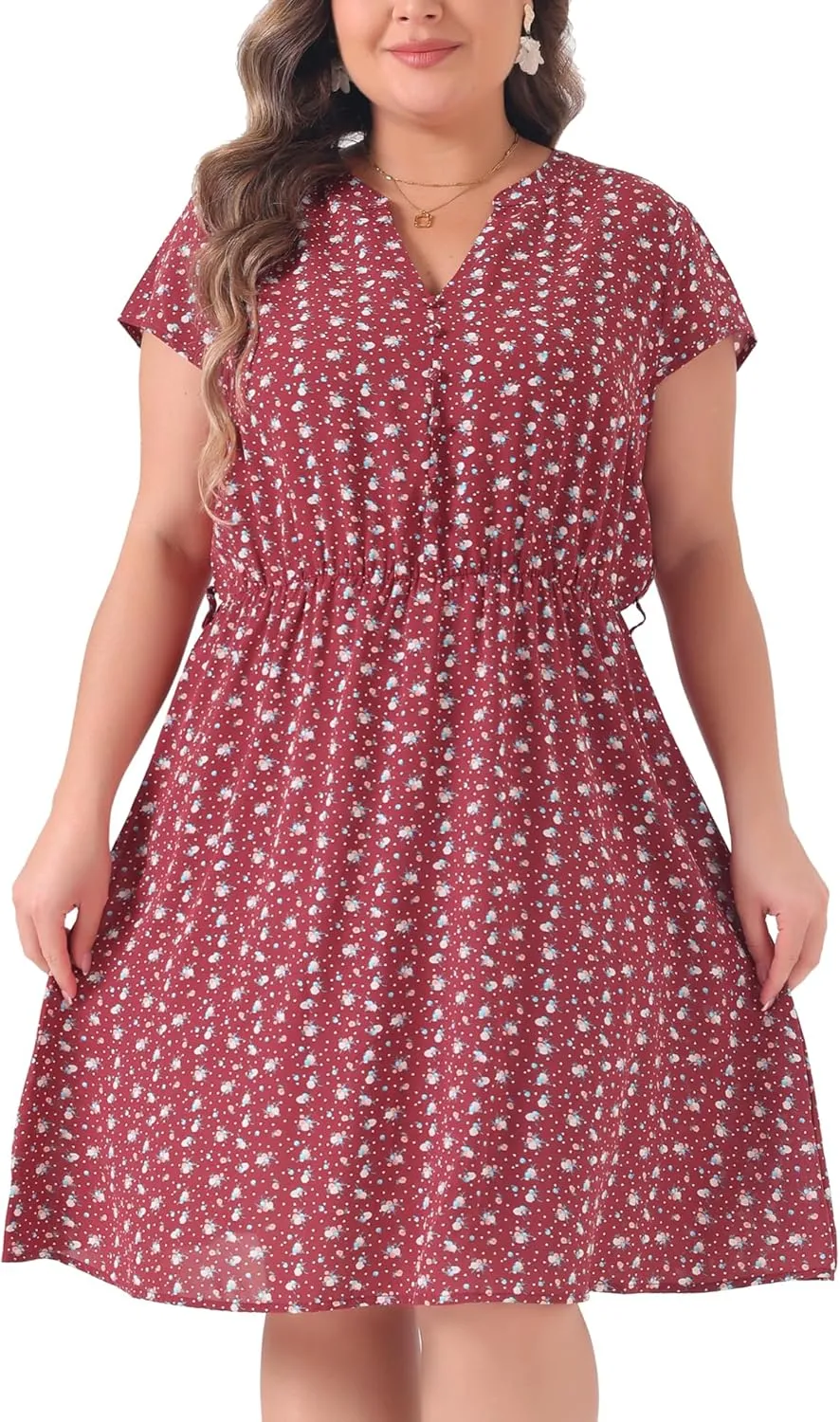 Agnes Orinda Dresses for Women Plus Size 2024 V Neck Short Sleeve Tie Waist Sundress Summer Casual Midi Dress