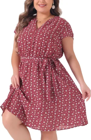 Agnes Orinda Dresses for Women Plus Size 2024 V Neck Short Sleeve Tie Waist Sundress Summer Casual Midi Dress