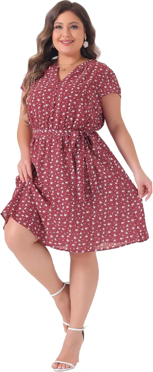 Agnes Orinda Dresses for Women Plus Size 2024 V Neck Short Sleeve Tie Waist Sundress Summer Casual Midi Dress