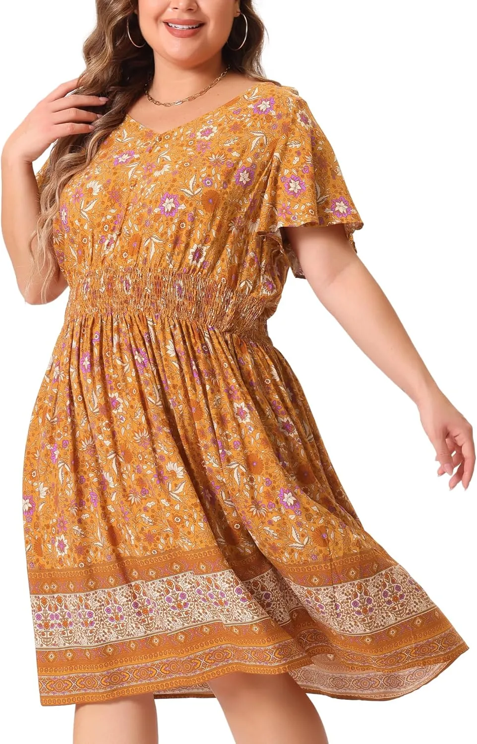 Agnes Orinda Plus Size Midi Dresses for Women Placed Pattern Bohemian Smock Waist V Neck Summer Dress