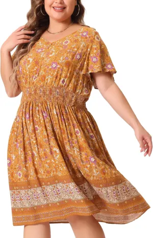 Agnes Orinda Plus Size Midi Dresses for Women Placed Pattern Bohemian Smock Waist V Neck Summer Dress