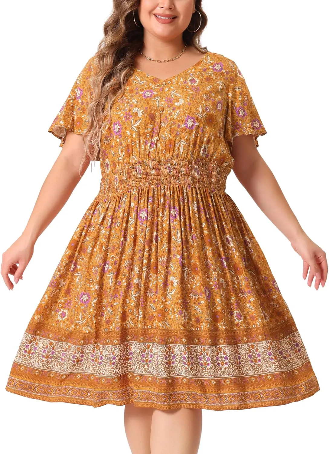 Agnes Orinda Plus Size Midi Dresses for Women Placed Pattern Bohemian Smock Waist V Neck Summer Dress