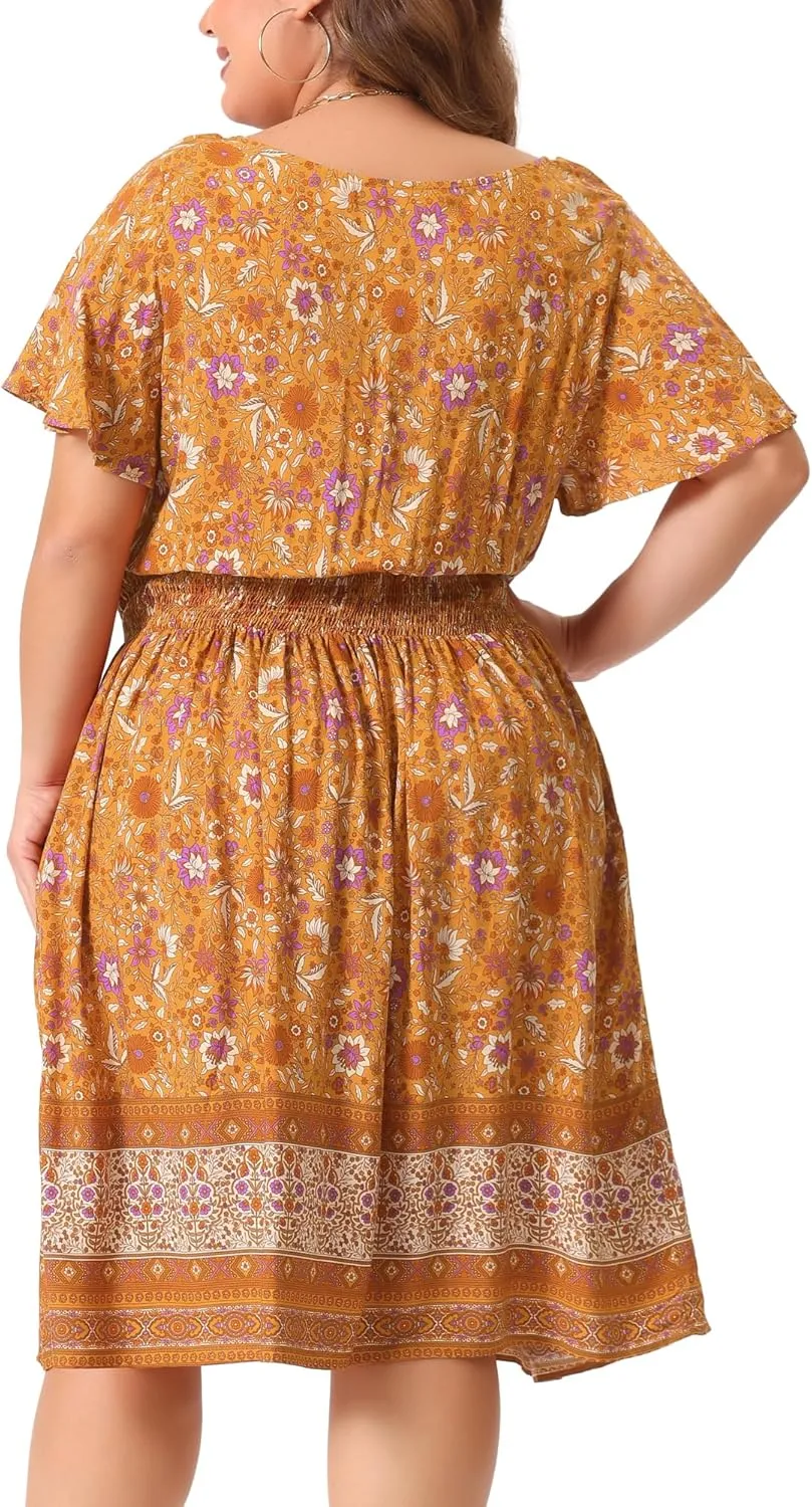 Agnes Orinda Plus Size Midi Dresses for Women Placed Pattern Bohemian Smock Waist V Neck Summer Dress