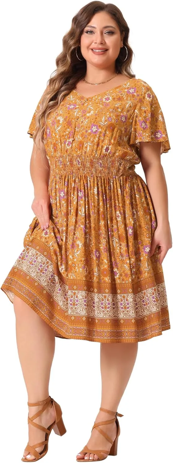 Agnes Orinda Plus Size Midi Dresses for Women Placed Pattern Bohemian Smock Waist V Neck Summer Dress