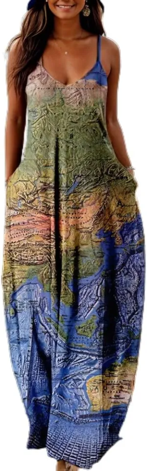 Akivide Plus Size African Print Dresses for Women Summer Casual Loose Sleeveless Sundresses Maxi Dresses with Pockets