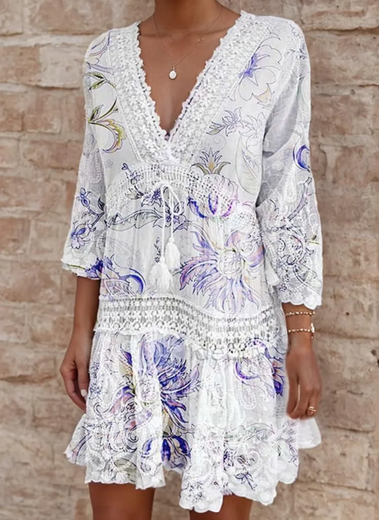 Akivide Women's Flowy Bohemian Lace Up V Neck Ruffle Mini Dress Summer Elegant Beach Wedding Short Tunic Dress
