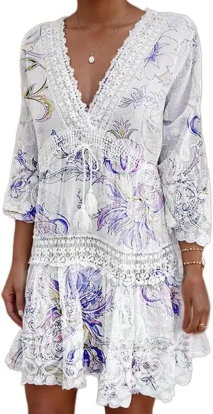 Akivide Women's Flowy Bohemian Lace Up V Neck Ruffle Mini Dress Summer Elegant Beach Wedding Short Tunic Dress
