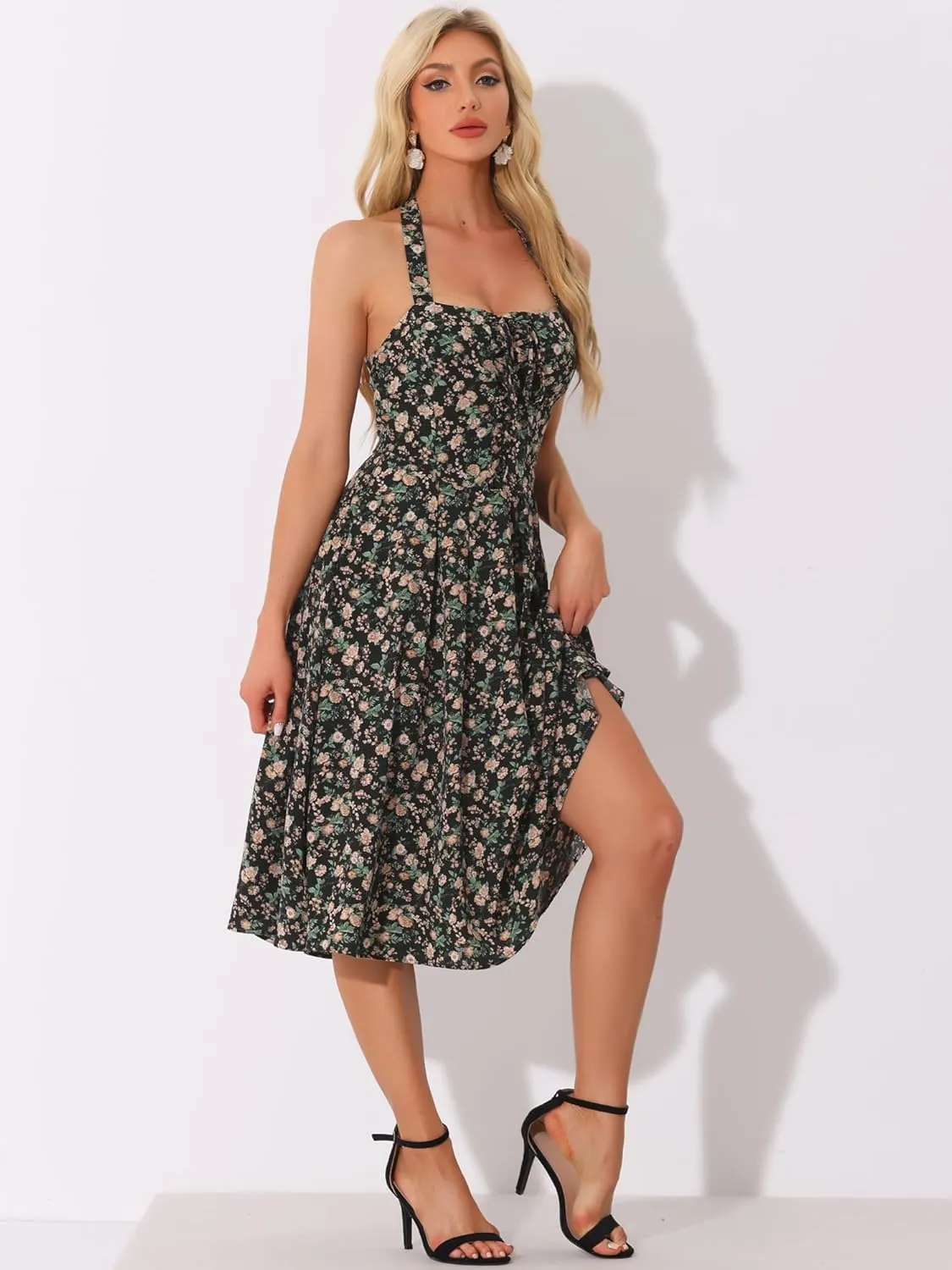 Allegra K Halter Neck Floral Dress for Women's Summer Sundress Sleeveless Lace Up Midi Dresses