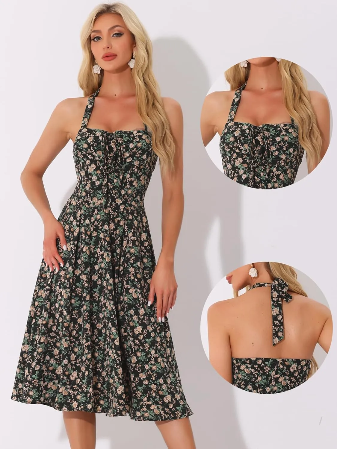 Allegra K Halter Neck Floral Dress for Women's Summer Sundress Sleeveless Lace Up Midi Dresses