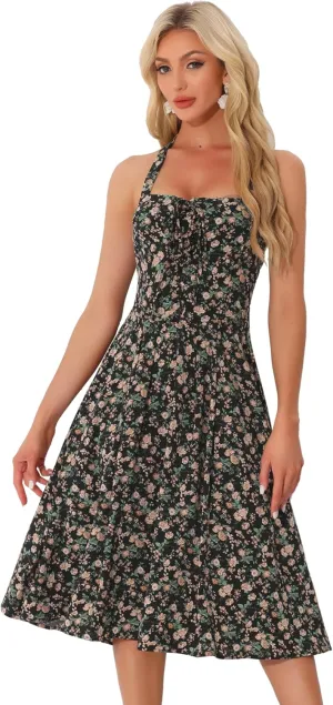 Allegra K Halter Neck Floral Dress for Women's Summer Sundress Sleeveless Lace Up Midi Dresses