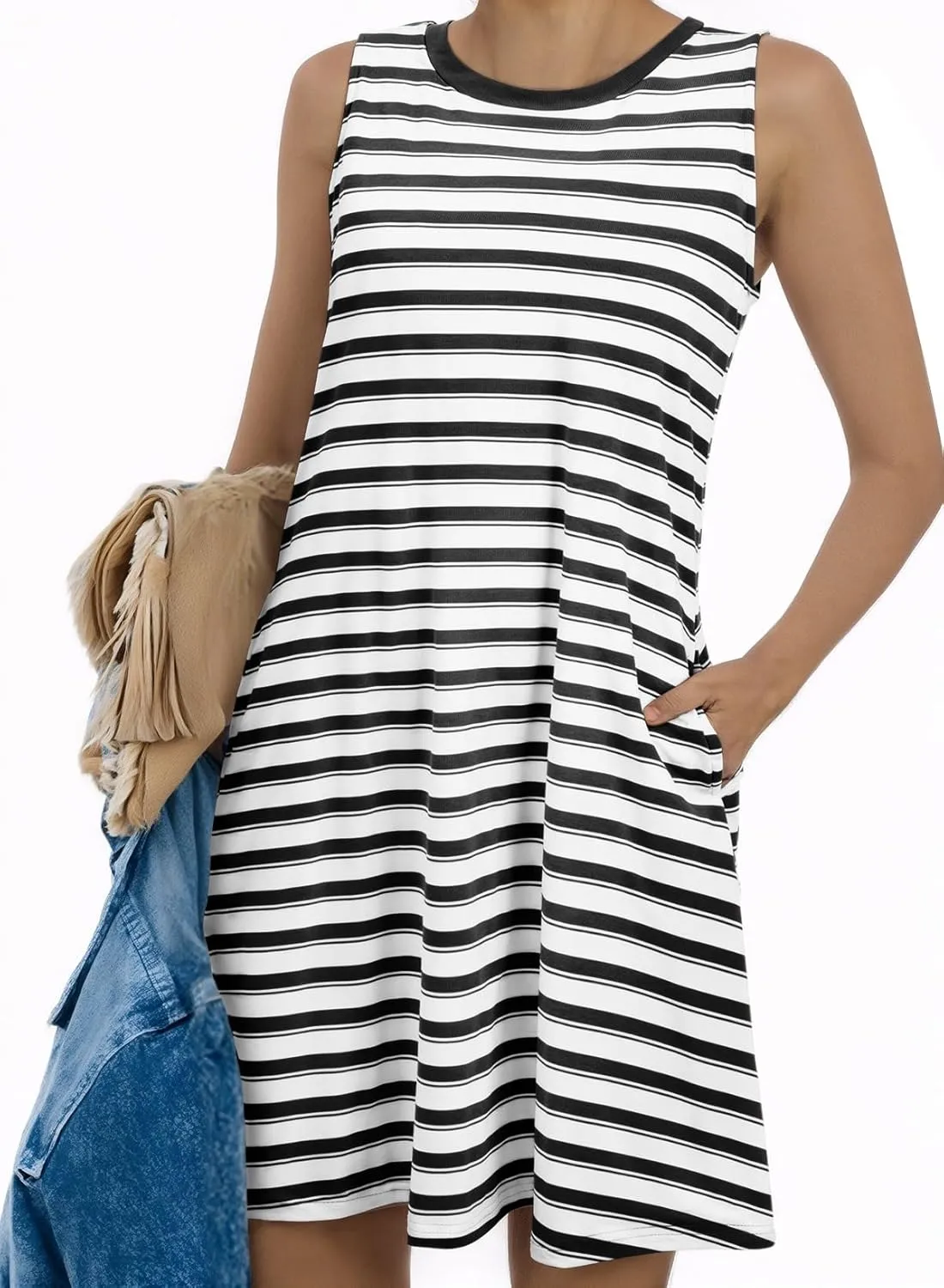 AlvaQ Women Summer Dress 2025 Striped Print Sleeveless Tank Dress Casual Loose Beach Sundress with Pockets