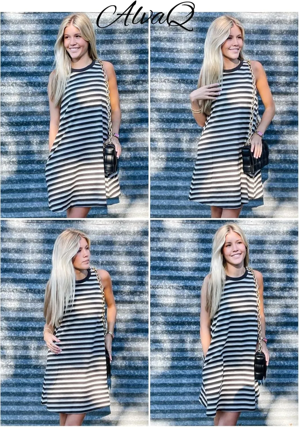 AlvaQ Women Summer Dress 2025 Striped Print Sleeveless Tank Dress Casual Loose Beach Sundress with Pockets