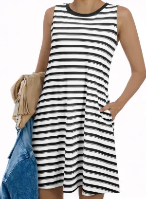 AlvaQ Women Summer Dress 2025 Striped Print Sleeveless Tank Dress Casual Loose Beach Sundress with Pockets