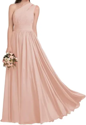 ANYSWBKN One Shoulder Bridesmaid Dresses for Wedding Pleated Chiffon Evening Formal Party Gown with Pockets