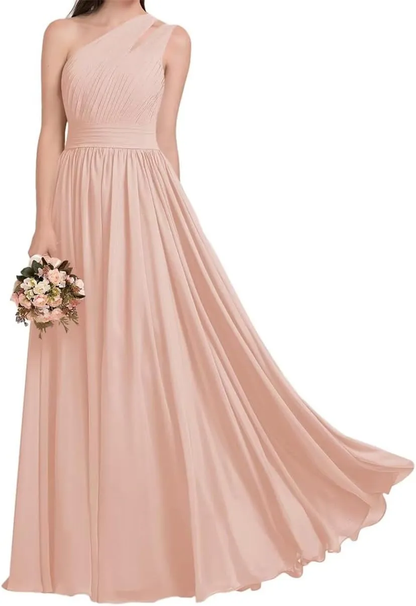 ANYSWBKN One Shoulder Bridesmaid Dresses for Wedding Pleated Chiffon Evening Formal Party Gown with Pockets