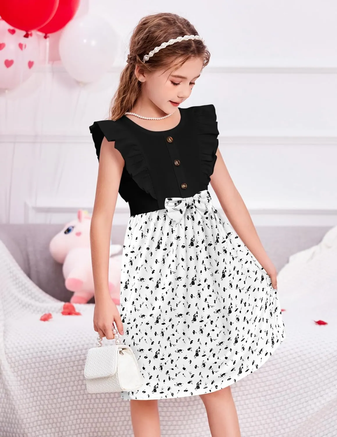 Arshiner Toddler Dress Girls Ruffle Sleeve Summer Dresses Cute Bow Tie Botton Down Party Sundress for 2-7 Years