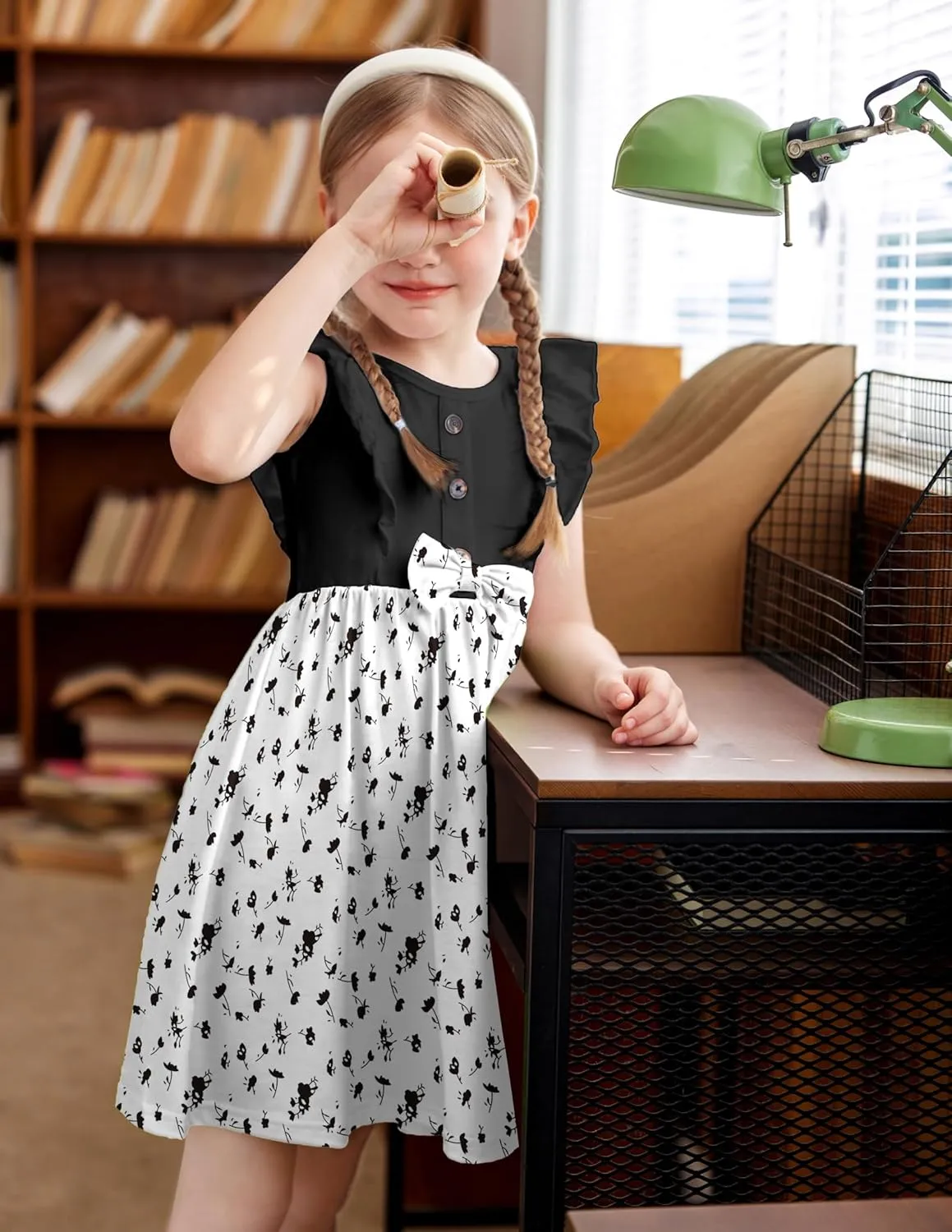 Arshiner Toddler Dress Girls Ruffle Sleeve Summer Dresses Cute Bow Tie Botton Down Party Sundress for 2-7 Years