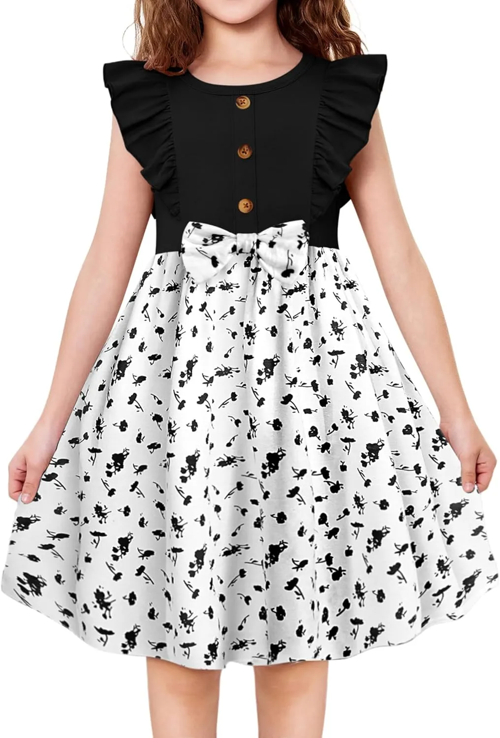 Arshiner Toddler Dress Girls Ruffle Sleeve Summer Dresses Cute Bow Tie Botton Down Party Sundress for 2-7 Years