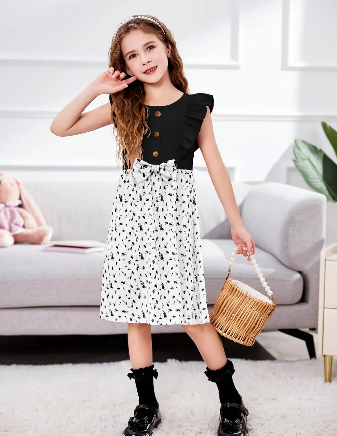 Arshiner Toddler Dress Girls Ruffle Sleeve Summer Dresses Cute Bow Tie Botton Down Party Sundress for 2-7 Years