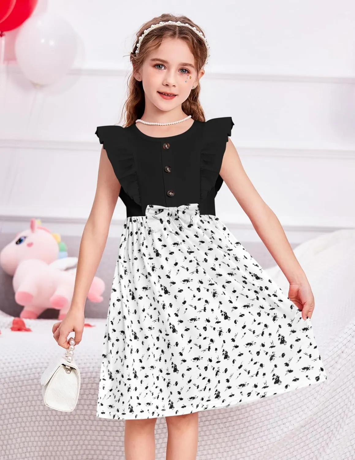 Arshiner Toddler Dress Girls Ruffle Sleeve Summer Dresses Cute Bow Tie Botton Down Party Sundress for 2-7 Years