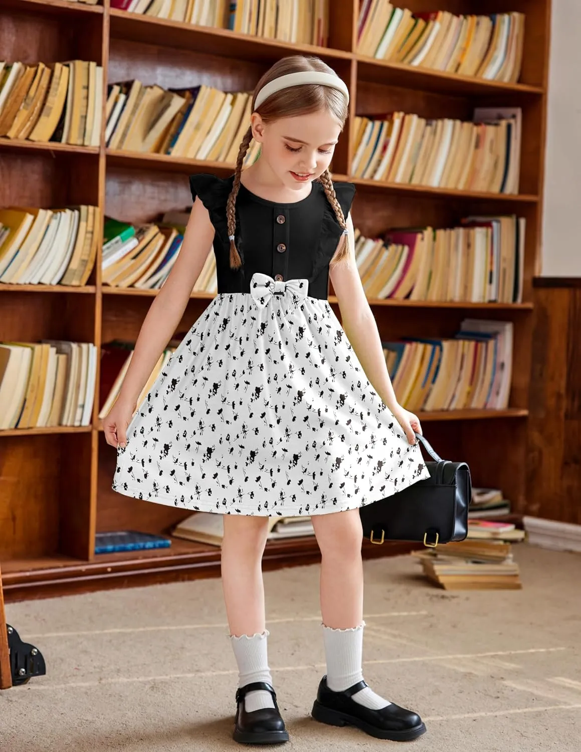 Arshiner Toddler Dress Girls Ruffle Sleeve Summer Dresses Cute Bow Tie Botton Down Party Sundress for 2-7 Years