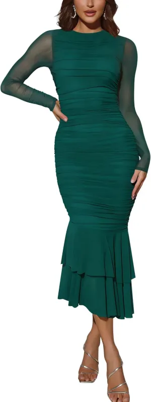 Atizon Elegant Ruched Bodycon Evening Dresses for Women Cocktail Party Formal Maxi Mermaid Dress