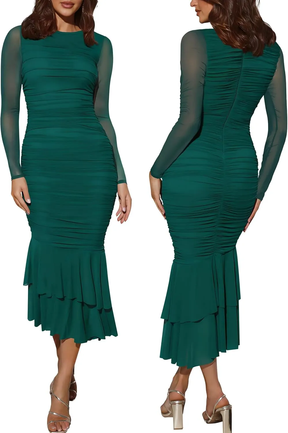 Atizon Elegant Ruched Bodycon Evening Dresses for Women Cocktail Party Formal Maxi Mermaid Dress
