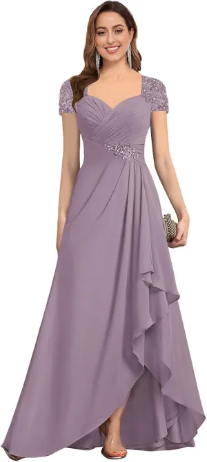 AUMEELAM Lace Appliques Mother of The Bride Dress Soft Chiffon Ruched Bodice Formal Dress A Line Bridesmaid with Sleeves