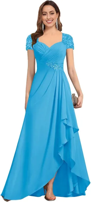 AUMEELAM Lace Appliques Mother of The Bride Dress Soft Chiffon Ruched Bodice Formal Dress A Line Bridesmaid with Sleeves