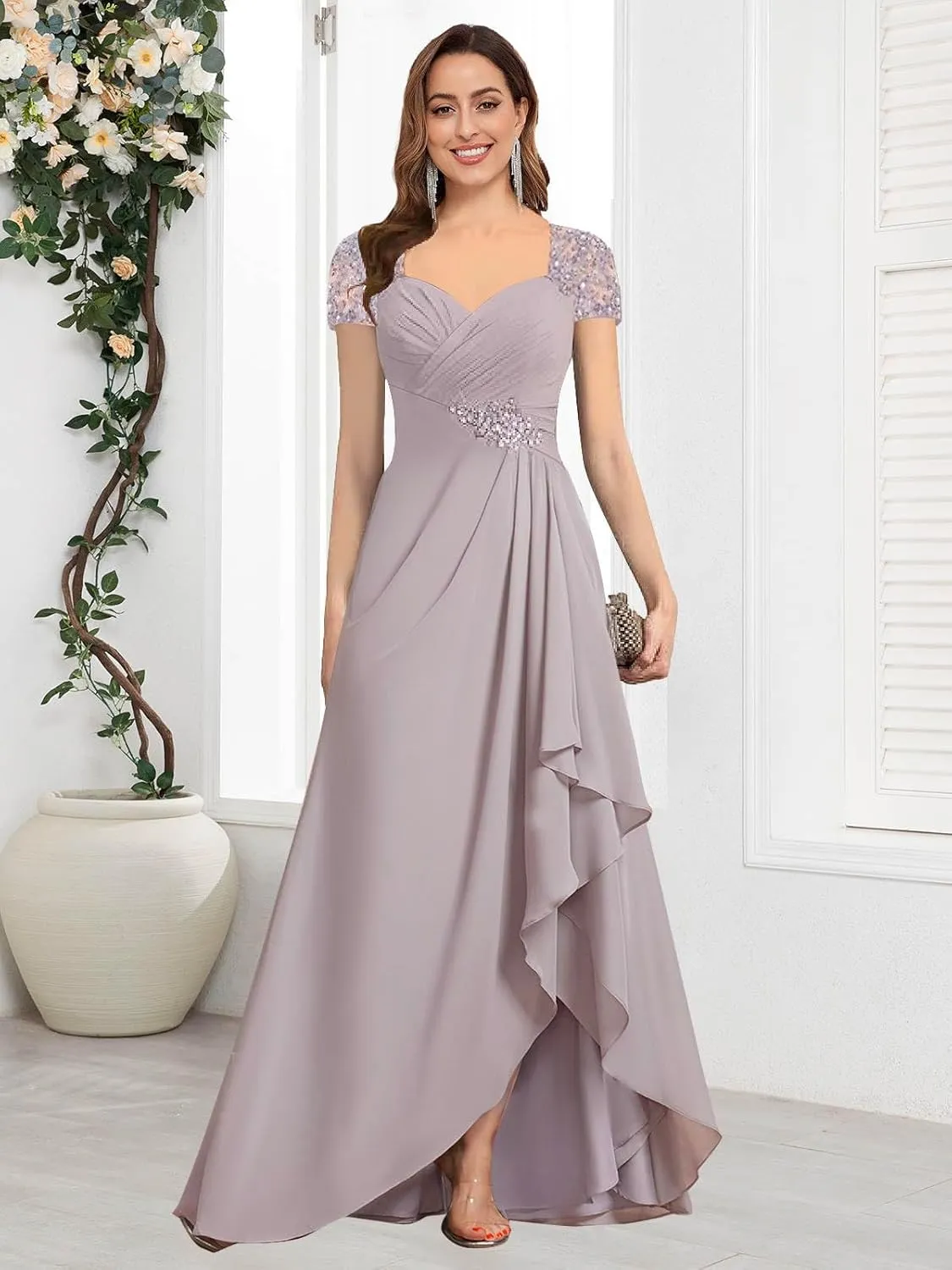 AUMEELAM Lace Appliques Mother of The Bride Dress Soft Chiffon Ruched Bodice Formal Dress A Line Bridesmaid with Sleeves