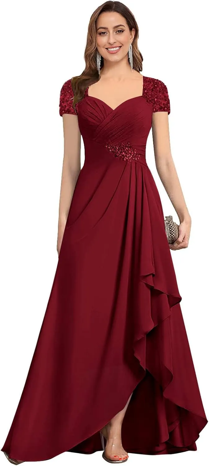 AUMEELAM Lace Appliques Mother of The Bride Dress Soft Chiffon Ruched Bodice Formal Dress A Line Bridesmaid with Sleeves