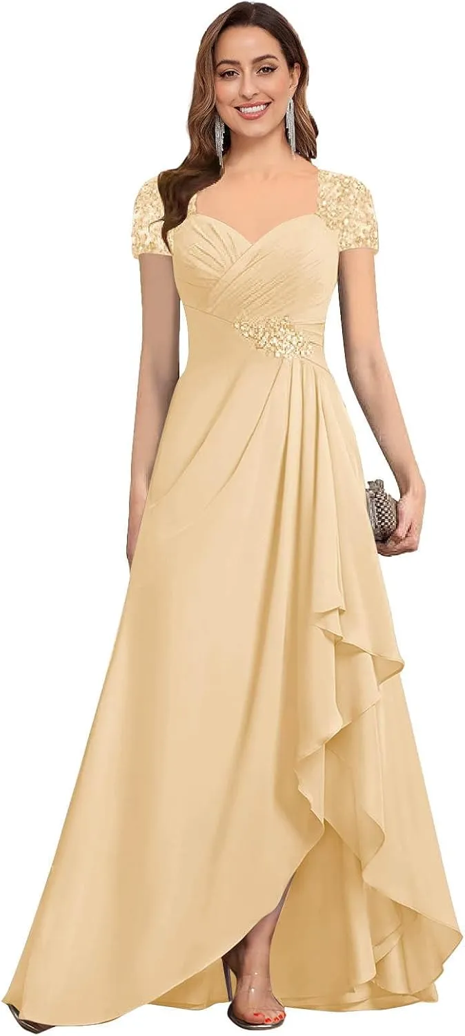 AUMEELAM Lace Appliques Mother of The Bride Dress Soft Chiffon Ruched Bodice Formal Dress A Line Bridesmaid with Sleeves