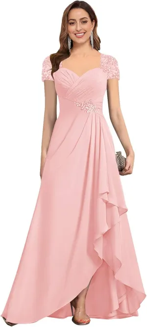 AUMEELAM Lace Appliques Mother of The Bride Dress Soft Chiffon Ruched Bodice Formal Dress A Line Bridesmaid with Sleeves