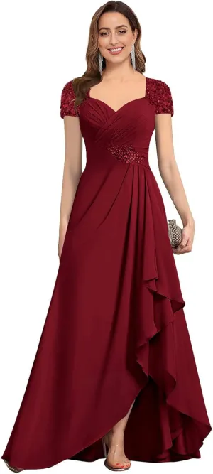 AUMEELAM Lace Appliques Mother of The Bride Dress Soft Chiffon Ruched Bodice Formal Dress A Line Bridesmaid with Sleeves